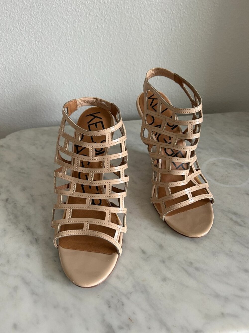 Vintage Kelsi Dagger Nude Caged Wedge Sandals Size 8 Y2K Gladiator Heel
